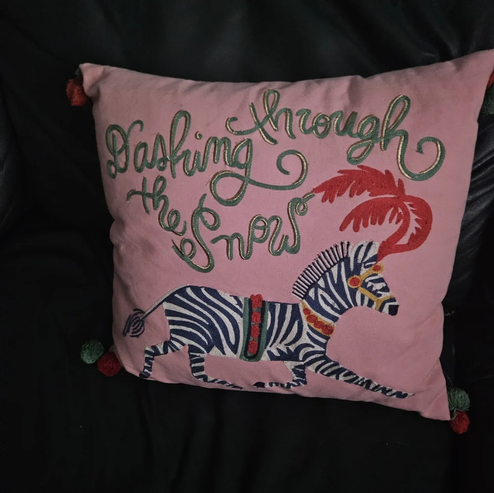 Source Unknown Pink Holiday Pillow with Zebra and Red Accents